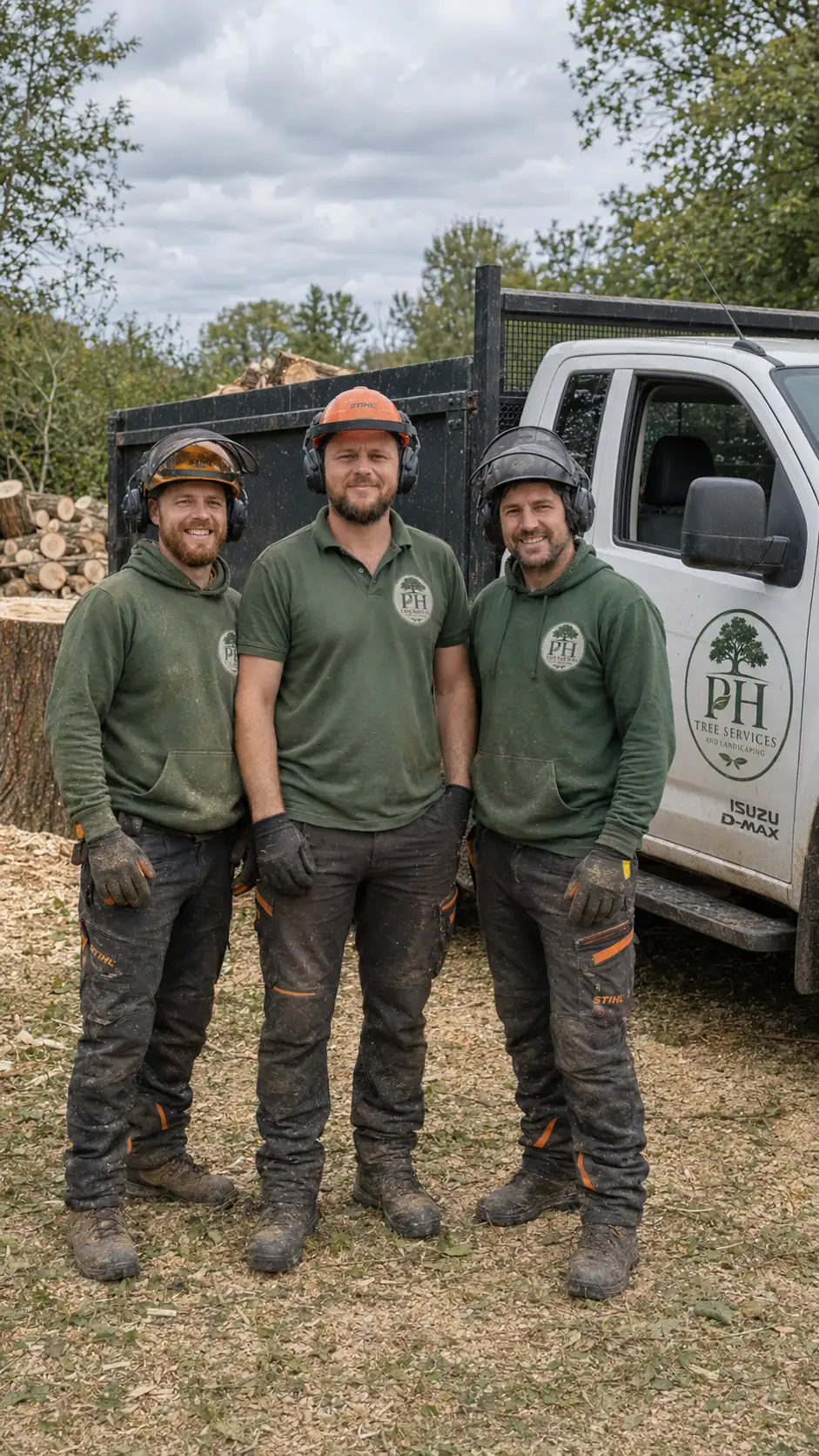 The PH team: three tree surgeons in PH polo shirts and helmets beside the company truck